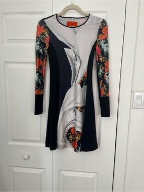 Clover Canyon Black & White Floral-Panel Midi Dress with Orange Accents